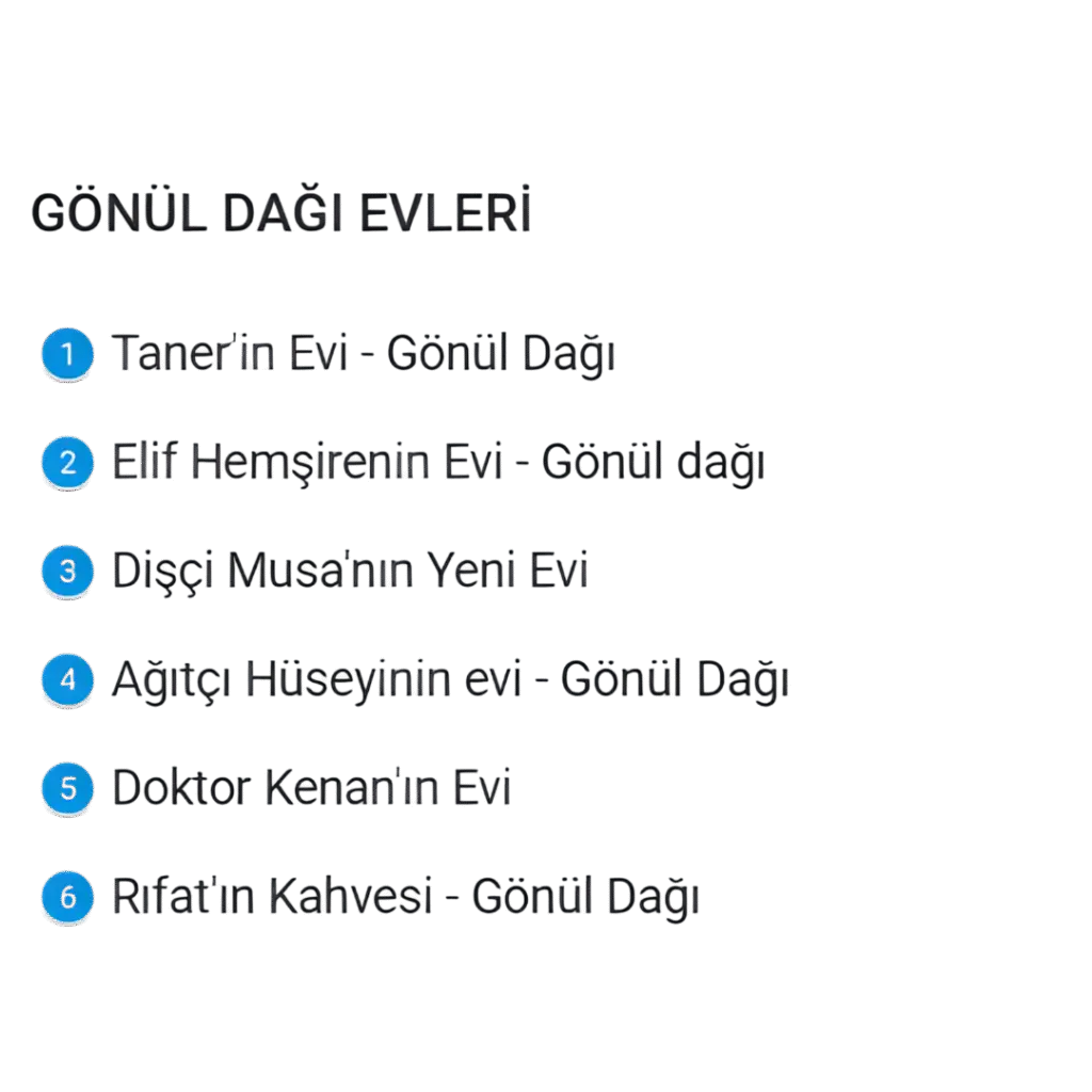 Taner'in Evi - Gönül Dağı Elif Hemşirenin Evi - Gönül dağı Dişçi Musa'nın Yeni Evi Ağıtçı Hüseyinin evi - Gönül Dağı Doktor Kenan'ın Evi Rıfat'ın Kahvesi - Gönül Dağı Düğüncü Muammerin Dükkanı - Gönül Dağı Omuzdaş Ağıtçılık Hüseyinin Dükkanı Ferses Müzik Dolmuşçu Seferin Evi Sefer'in Dolmuş Durağı - Gönül Dağı Ramazan'ın evi-Gönül Dağı Münir Başkan'ın Evi - Gönül Dağı